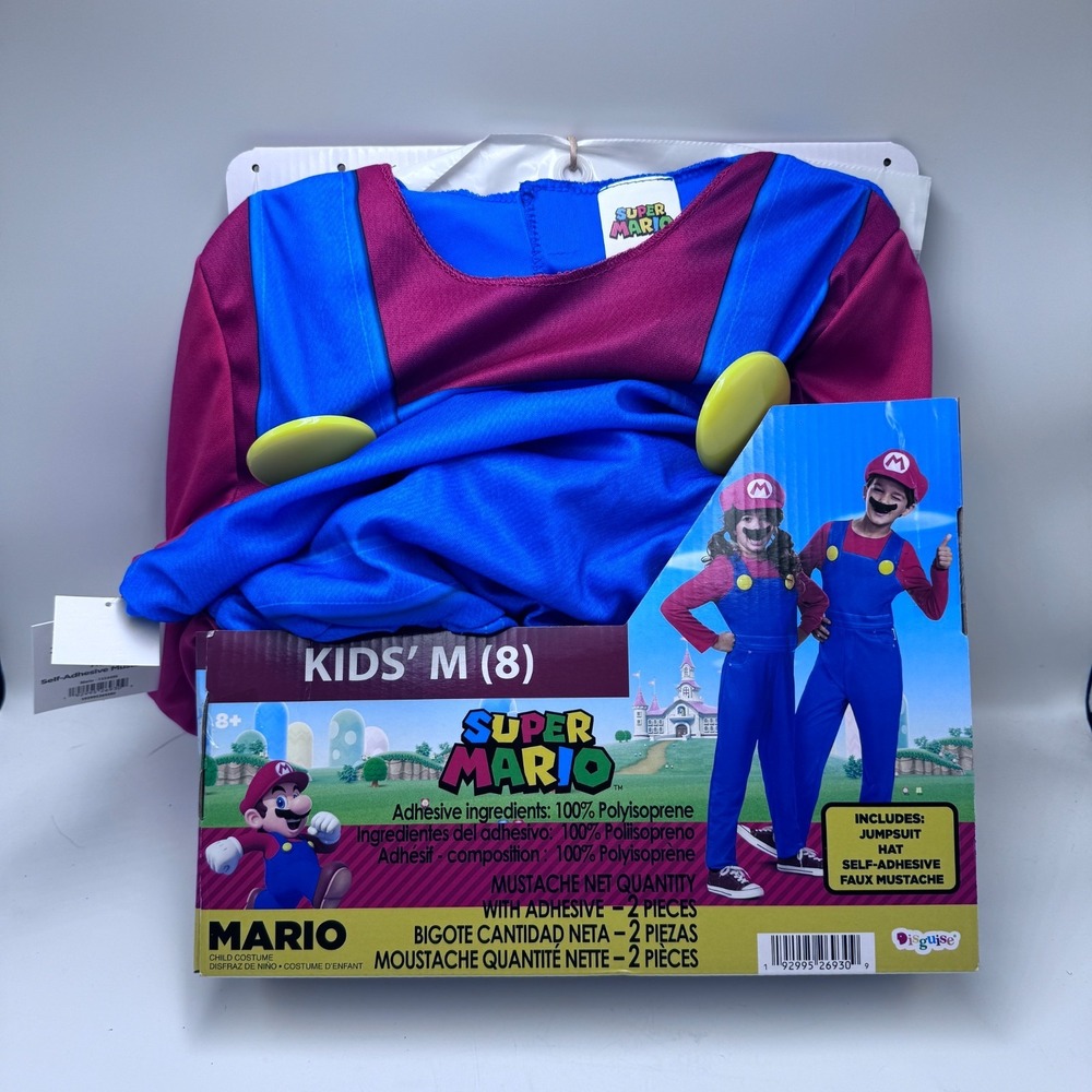 Disguise Mario Kids Costume Size M 8 3pc Jumpsuit Hat Mustache Halloween w Tag